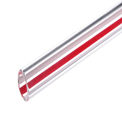 The design of the visible tubular gauge glass has a red line between two white lines.