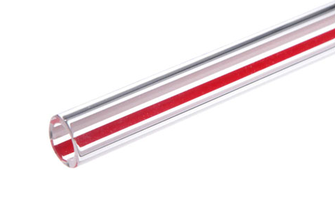 There is a borosilicate tube with a red line between two white lines.